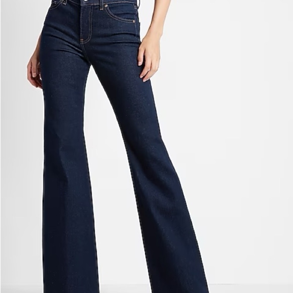 Express 70s flare, dark wash jeans.  Size 8R